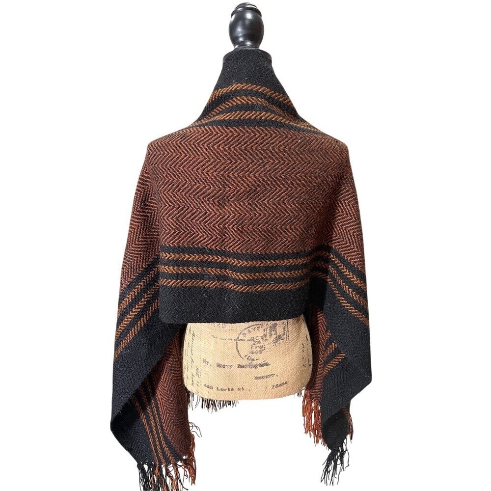 Unbranded Womens Shawl Wrap Scarf Black Rust Herringbone Stripe Fringe - Picture 5 of 7